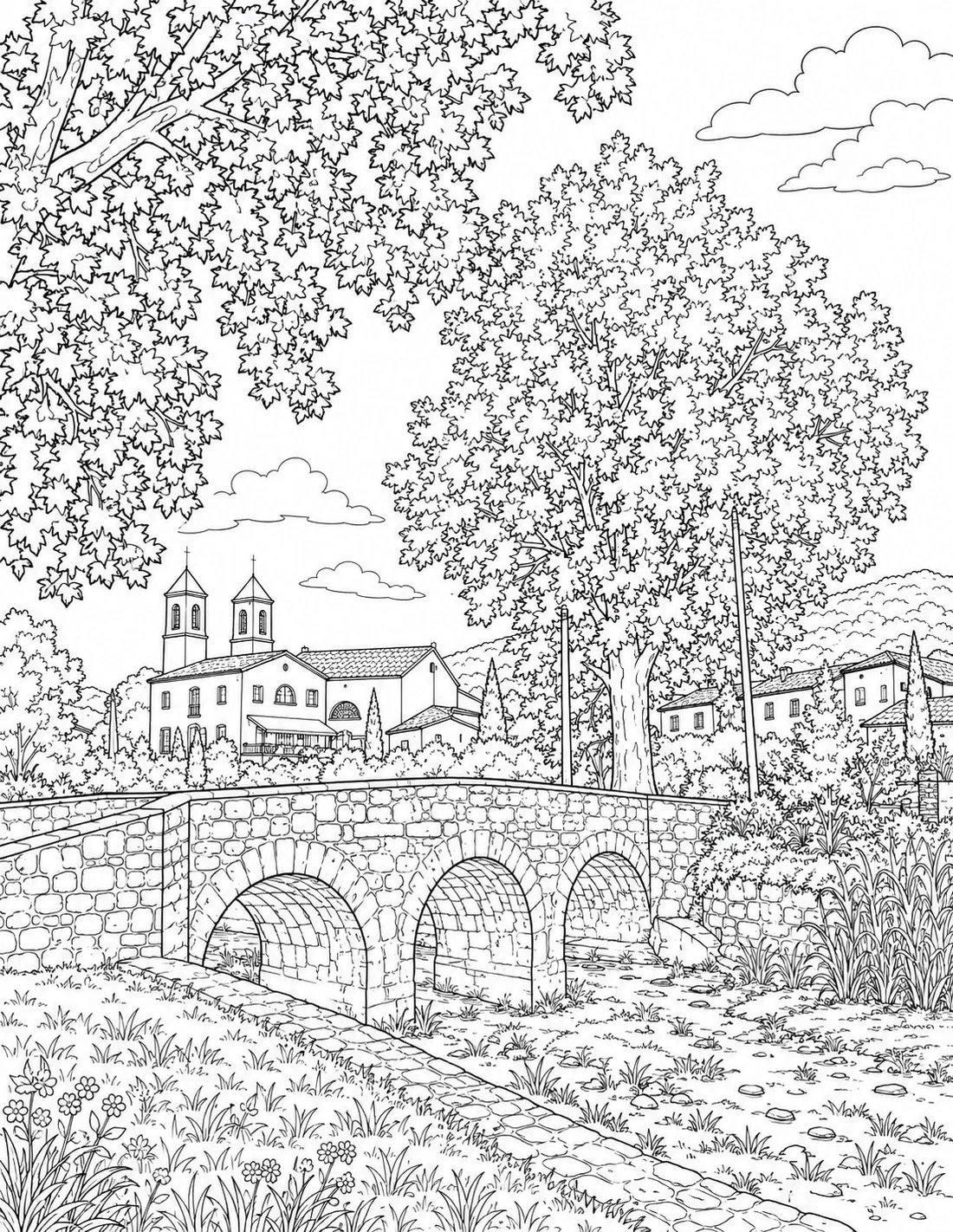 Illustration à colorier : un pont de pierre et l’église de Saint-Hippolyte-du-Fort